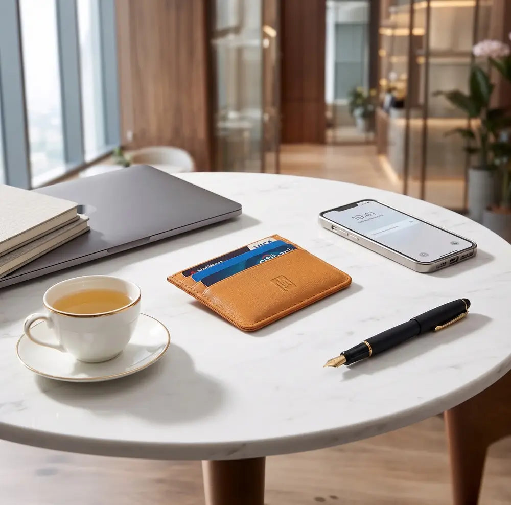 A yellow leather card holder wallet with a small embossed logo, shown on a white marble table surrounded by a laptop, smartphone, pen, and tea cup in a modern office setting.