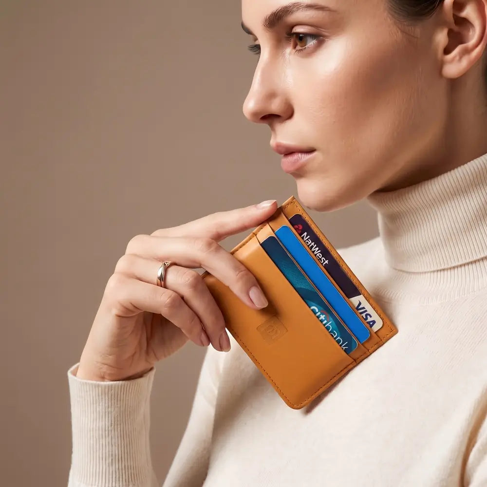 A person holding yellow leather card holder .