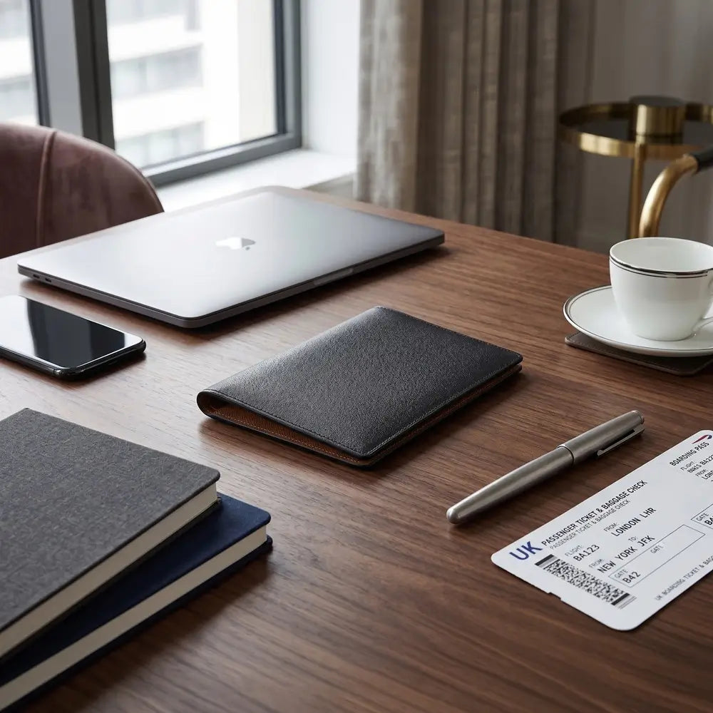 A black leather passport holder wallet lies on a wooden desk next to a blue passport, British pound notes, and a silver and black fountain pen.