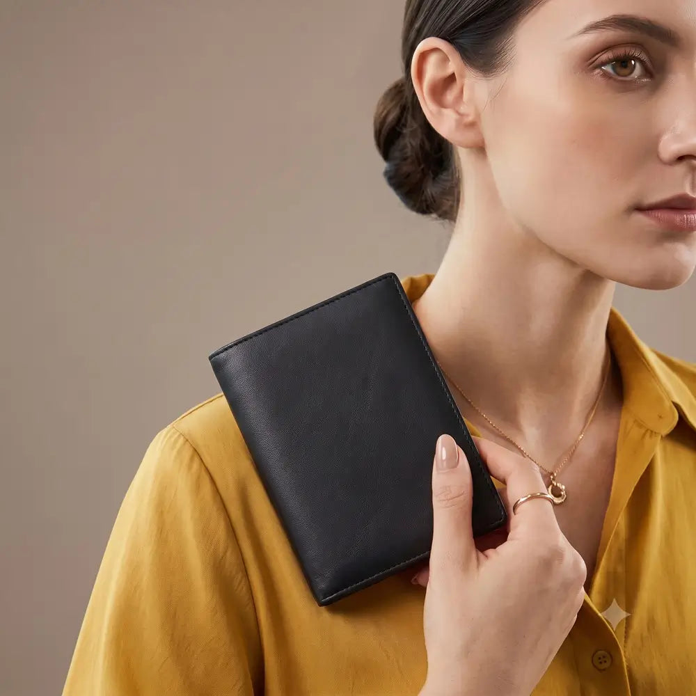 A woman in a mustard yellow shirt holds a slim black leather passport holder against her shoulder, shown in a close-up studio shot with a neutral beige background.
