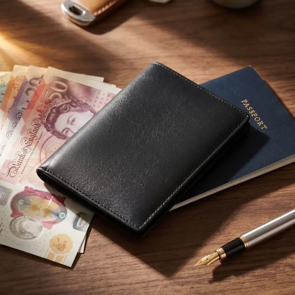 A black leather passport holder wallet lies on a wooden desk next to a blue passport, British pound notes, and a silver and black fountain pen.