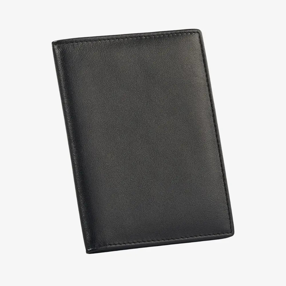 A black leather bifold wallet with visible stitching, shown at an angle on a light gray background.
