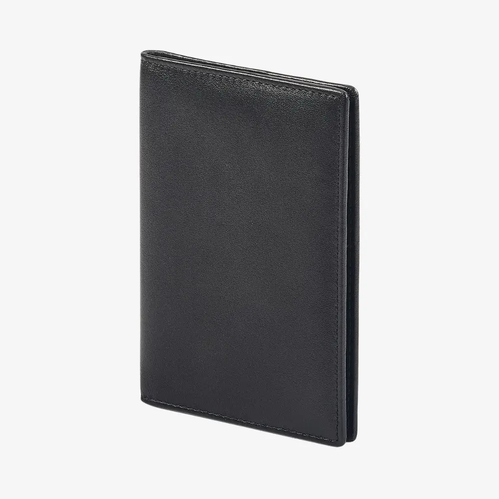 A black leather passport holder or slim wallet standing upright at a slight angle, shown on a clean white background.