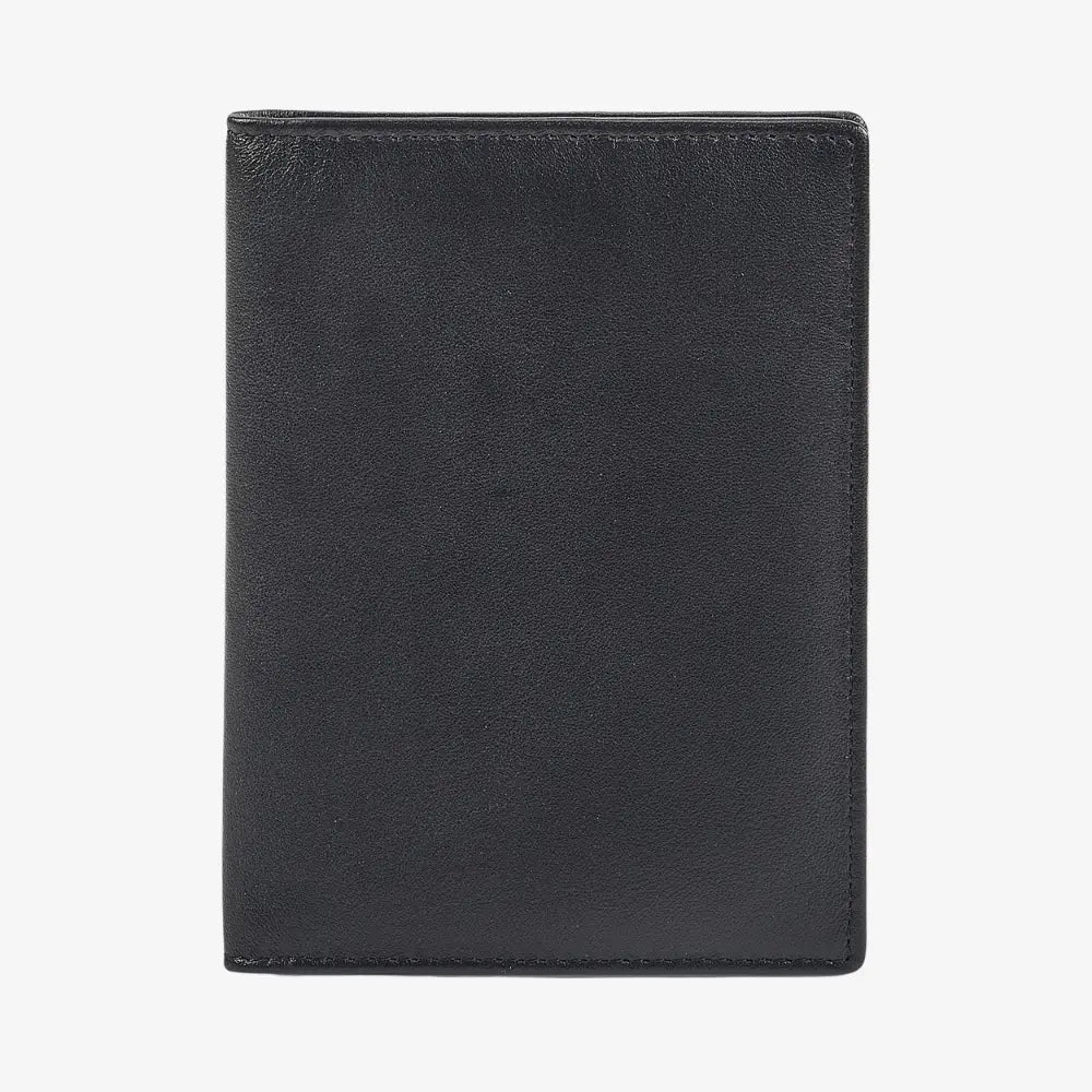 A black leather passport cover or slim wallet with visible stitching, shown closed against a plain white background.