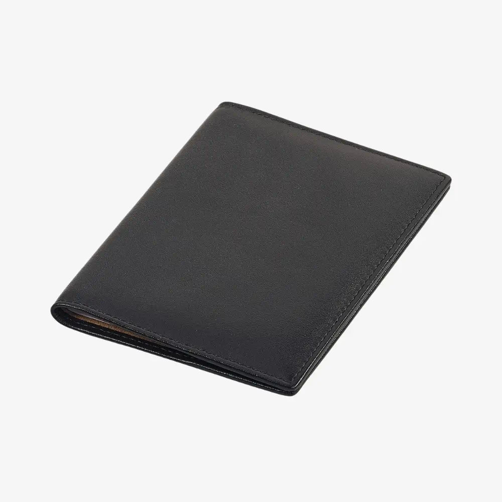 A black leather bifold passport holder shown closed at an angle on a clean white background.
