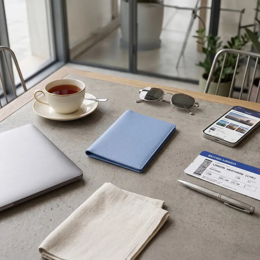 A blue leather passport cover lies on a concrete table surrounded by everyday travel items, including a closed laptop, a cup of tea, sunglasses, a smartphone, a boarding pass, a pen, and a folded beige cloth.