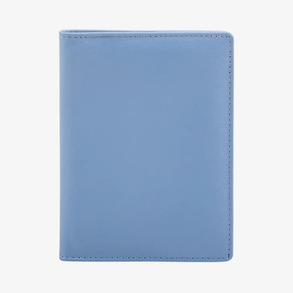 A light blue leather passport cover shown closed against a plain white background.