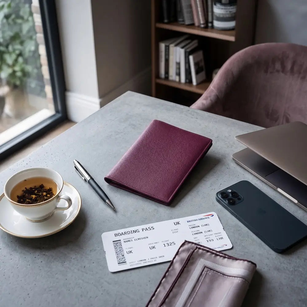 A burgundy leather passport holder arranged on a gray tabletop with a boarding pass, pen, teacup, smartphone, and laptop in a real indoor setting.