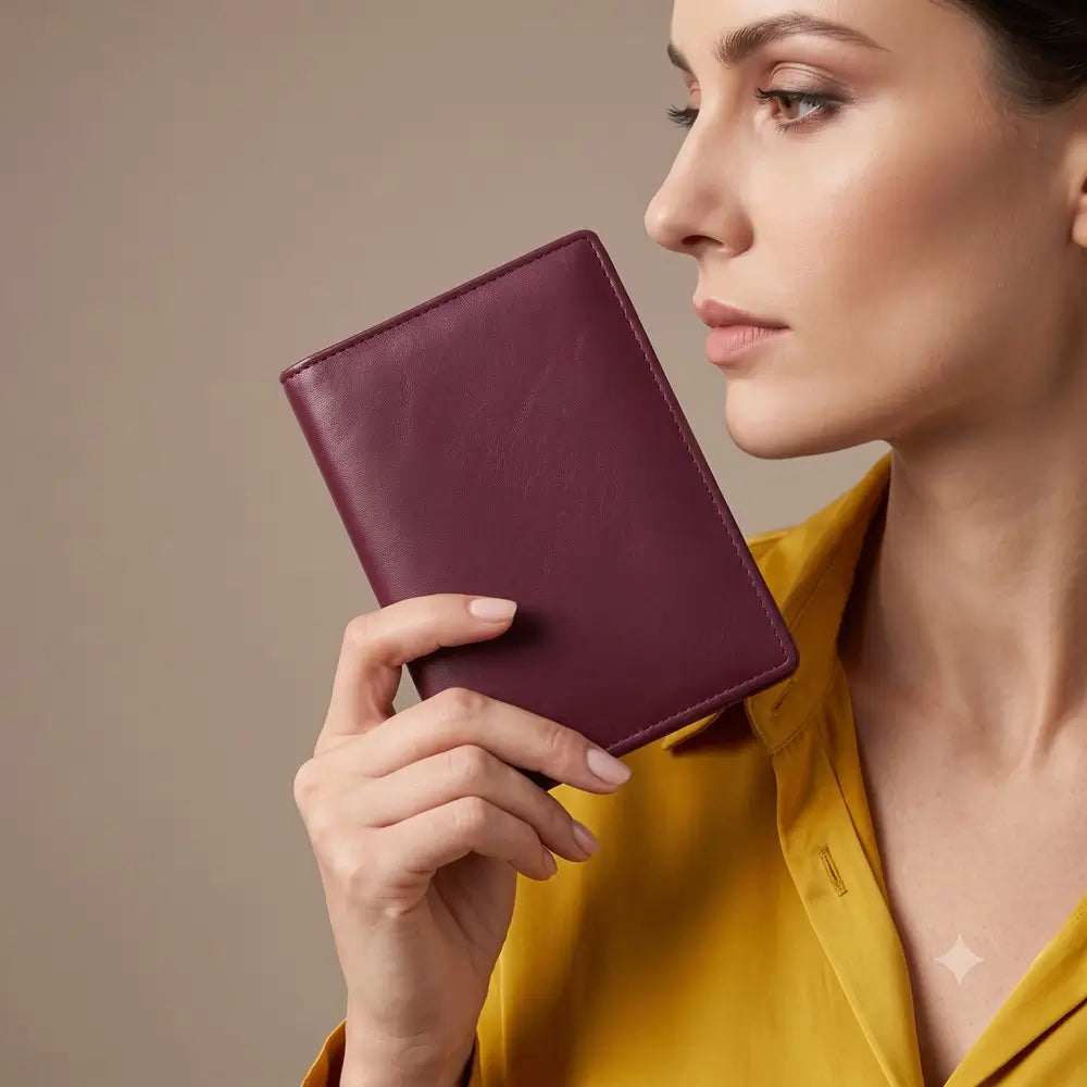 A woman in a yellow blouse holds a burgundy leather passport holder against a plain beige background.