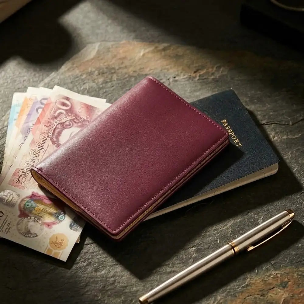 A burgundy leather passport holder resting on a dark stone surface, styled with a navy blue passport, banknotes, and a silver pen.