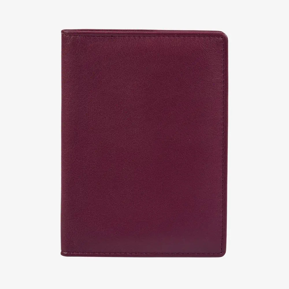 A burgundy leather passport cover shown closed against a plain white background.