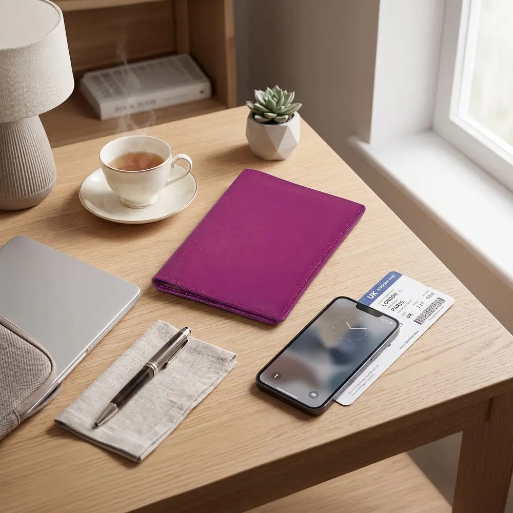 A purple leather passport holder lies on a light wood desk beside a laptop, phone, pen, ticket, cup of tea, and a small potted succulent in a bright indoor setting.