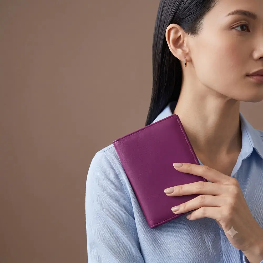 A woman in a light blue collared shirt holds a slim, rectangular magenta leather passport holder against her shoulder, set against a solid warm brown background.
