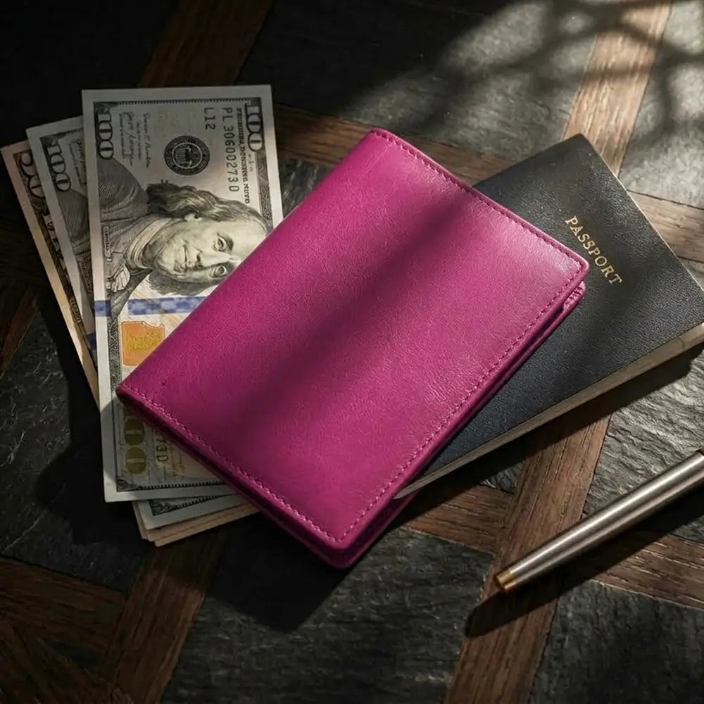 A pink leather passport holder wallet lying on top of a black passport and a stack of dollar bills on a dark wooden surface with dramatic sunlight and shadows.