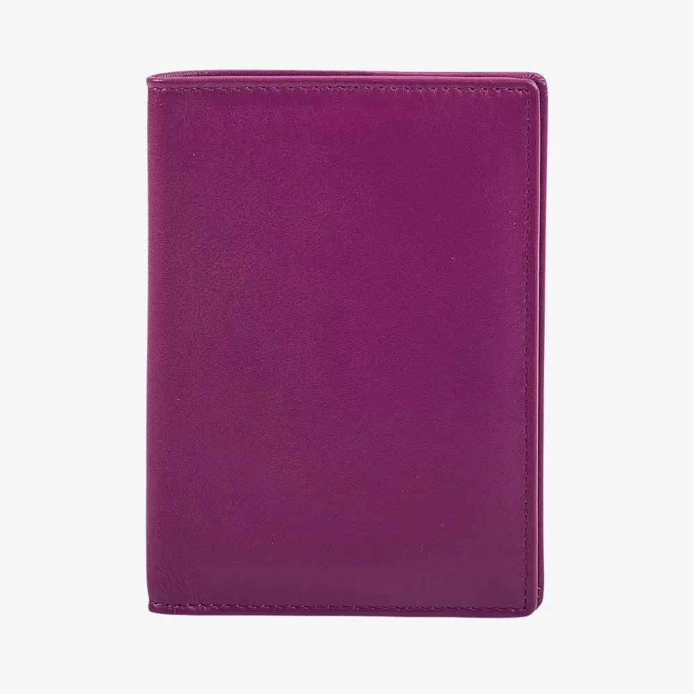 A fuchsia leather passport cover or document holder, shown closed from the front against a plain white background.