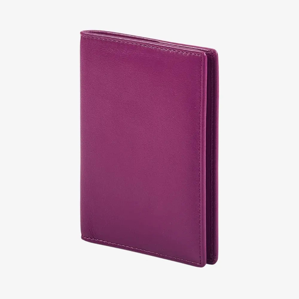 A fuchsia leather passport cover, shown standing upright at a slight angle against a clean white background.