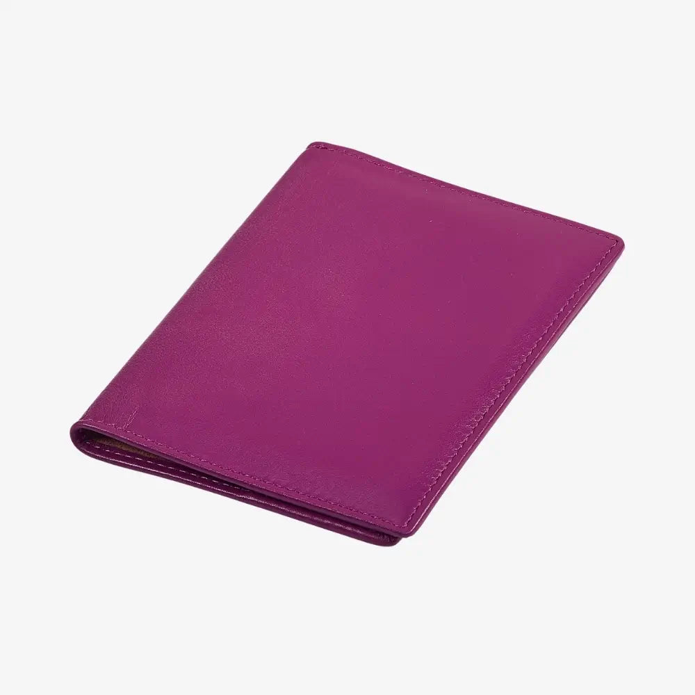 A fuchsia leather bifold wallet shown closed at an angle on a plain white background.