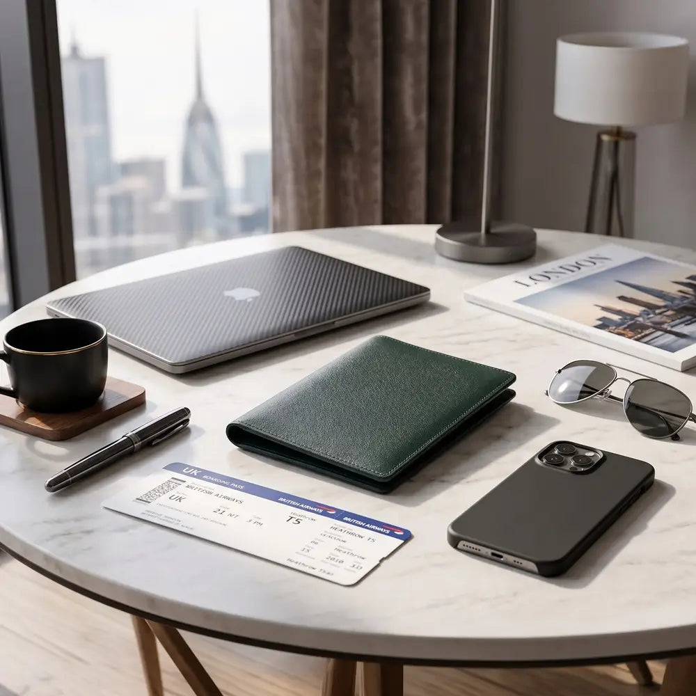 A dark green leather passport holder lies on a round white marble table, surrounded by a closed laptop, sunglasses, a smartphone case, a pen, a travel ticket, a coffee cup, and a magazine in a modern room with a city view and window.
