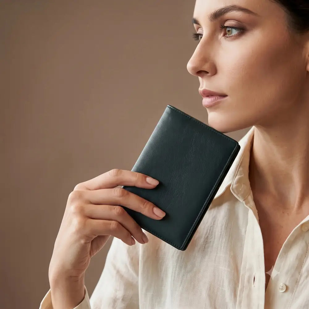 A woman in a cream linen shirt holds a slim, dark teal leather passport holder against a warm brown background.