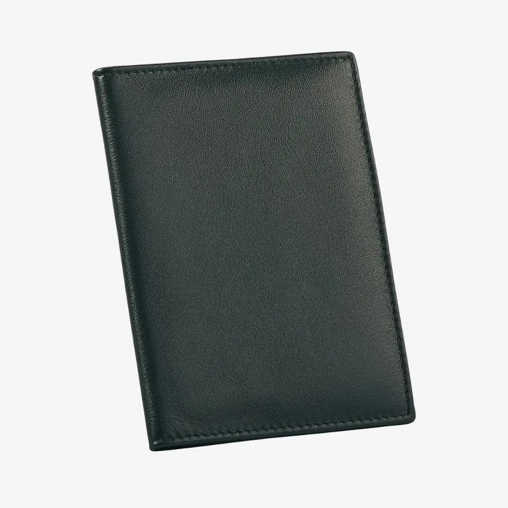 A green leather passport cover with visible stitching, shown at an angle on a plain white background.