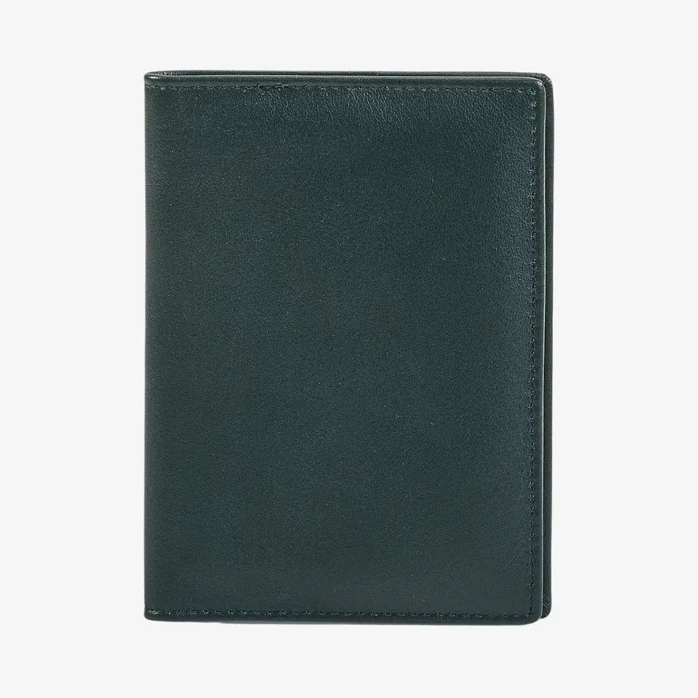 A green leather passport cover, shown closed from the front against a plain white background.