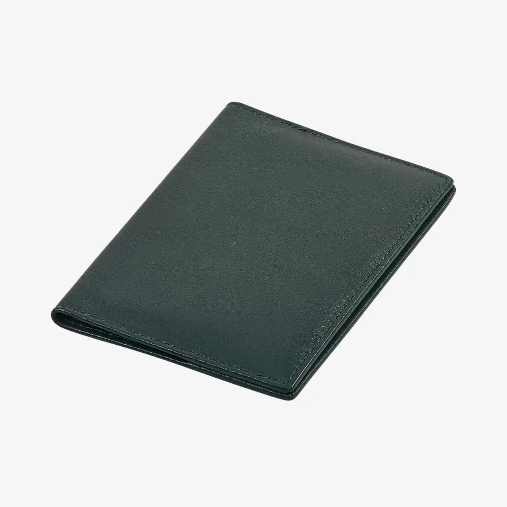 A green leather passport holder shown closed at an angle on a plain white background.
