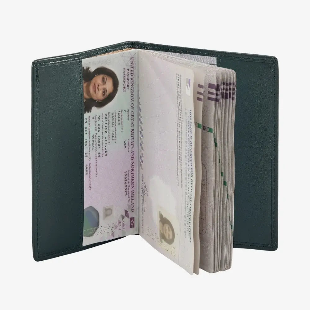 A green leather passport cover shown open, containing sample passports and a stack of cash, photographed against a light gray background.