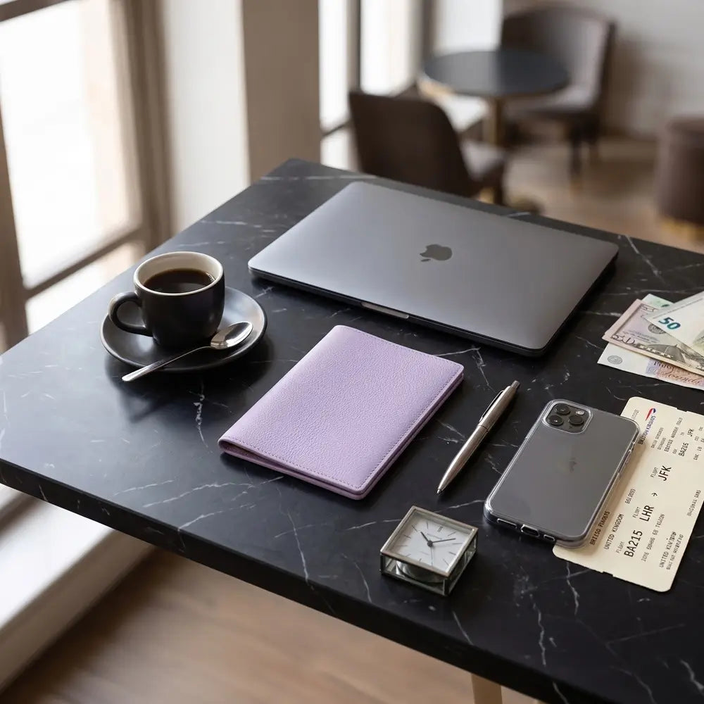 A styled workspace scene on a black marble table with a closed gray laptop, a lilac passport holder, a black coffee cup, a silver pen, a gray smartphone case, a small clock, and boarding passes, with a softly blurred cafe interior in the background.