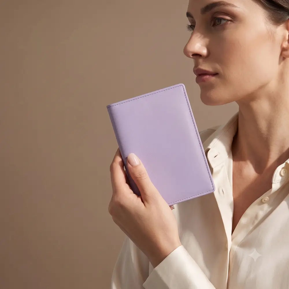A woman in a cream-colored button-down shirt holds a lilac passport cover against a solid beige background.