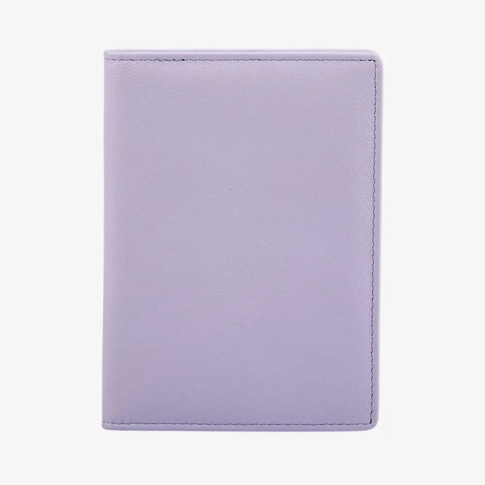 A lilac leather passport cover shown flat against a light gray background.