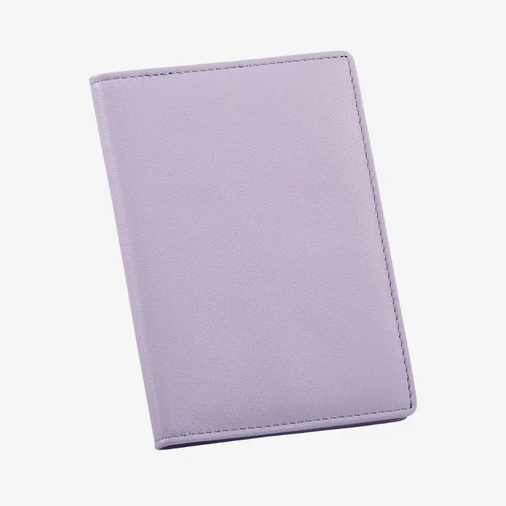 A lilac passport cover or document holder with visible stitching, shown at an angle on a plain white background.
