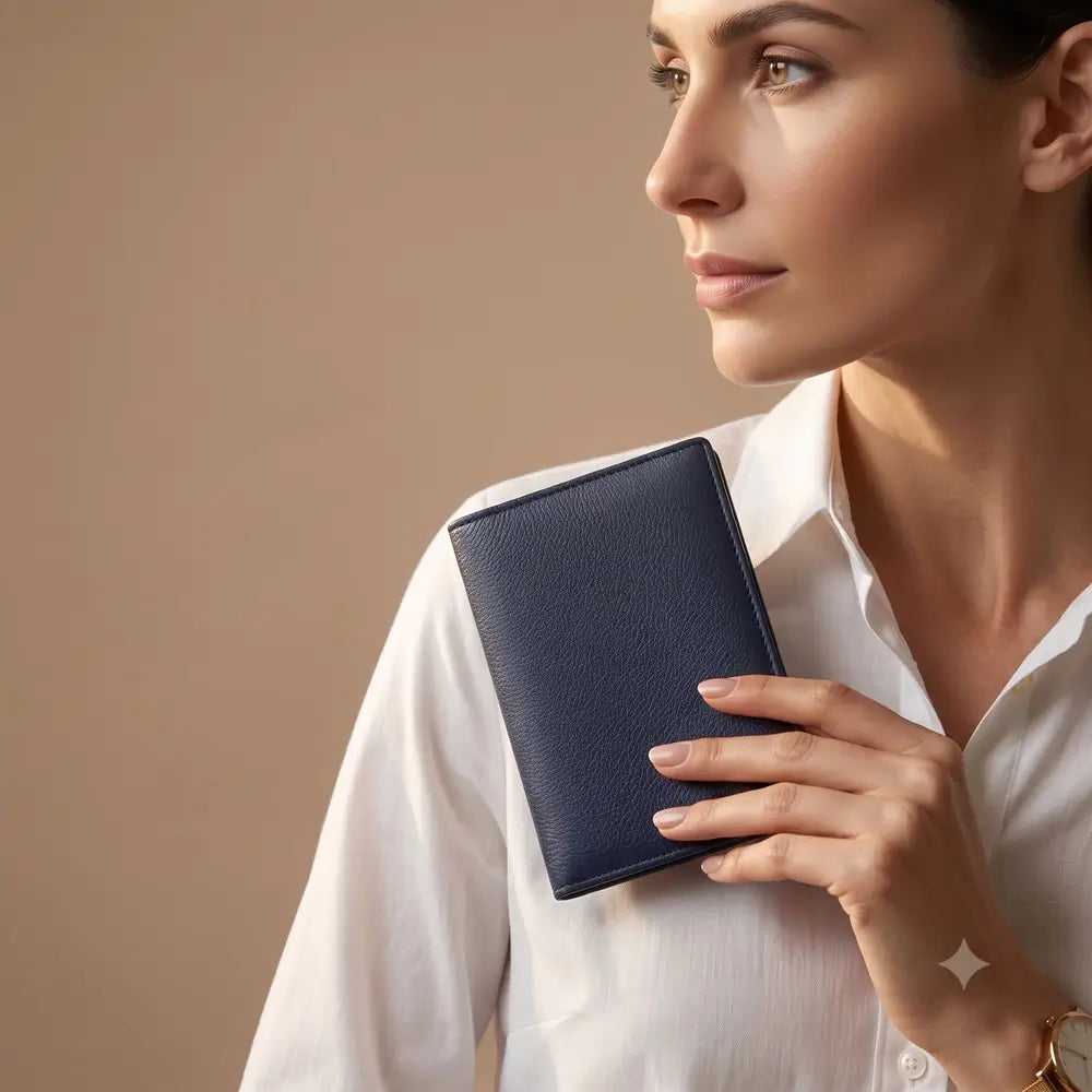 A woman in a white collared shirt holds a navy  leather passport holder against a warm beige studio background.