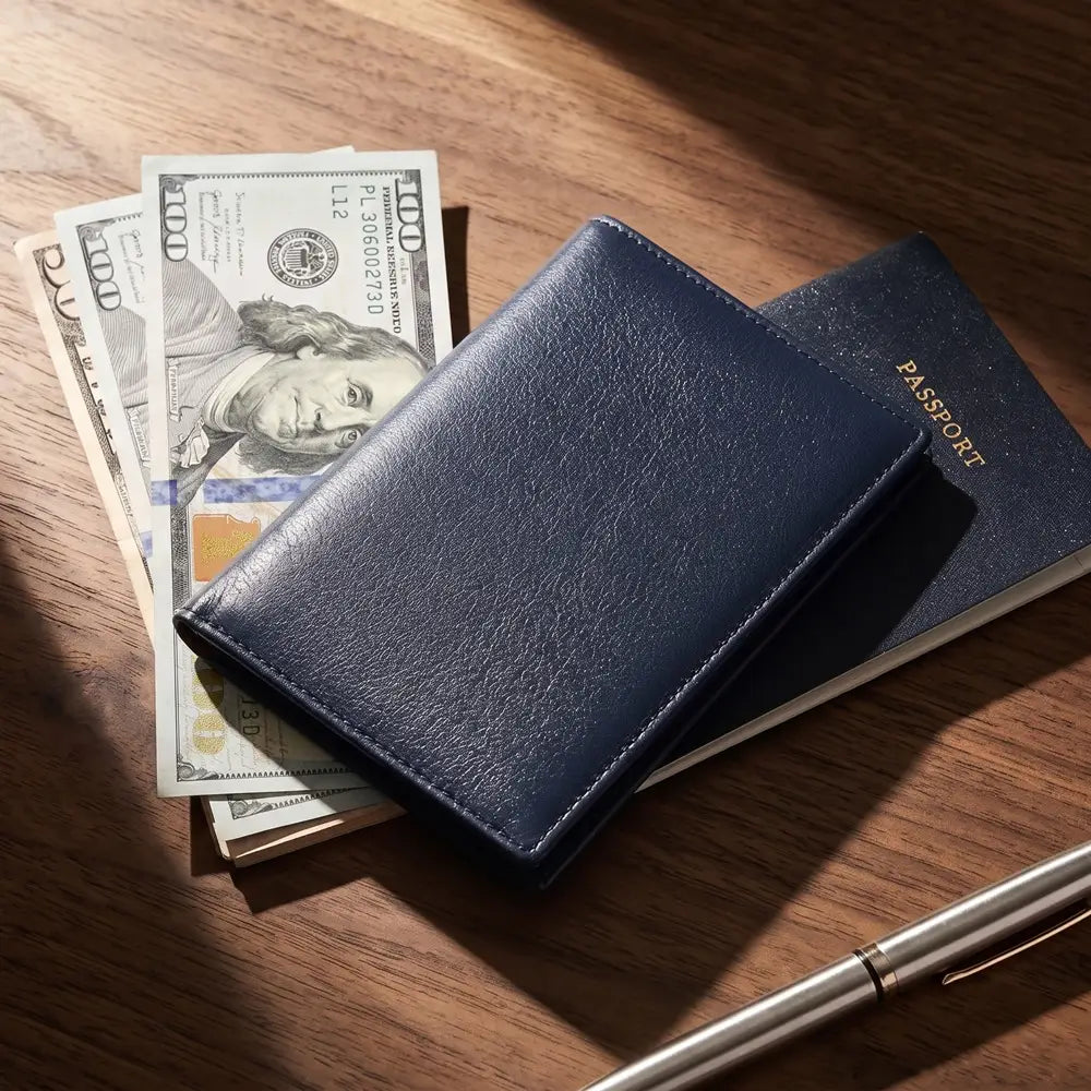 A navy leather passport holder lying on top of a navy blue passport, with U.S.