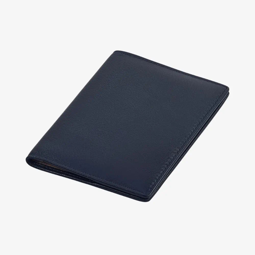 Navy leather passport holder on a white background