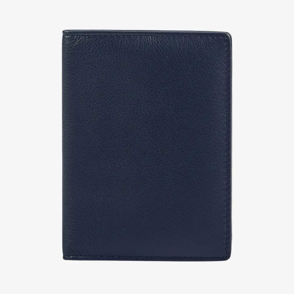 A navy leather passport cover with a pebbled texture, shown closed against a plain white background.