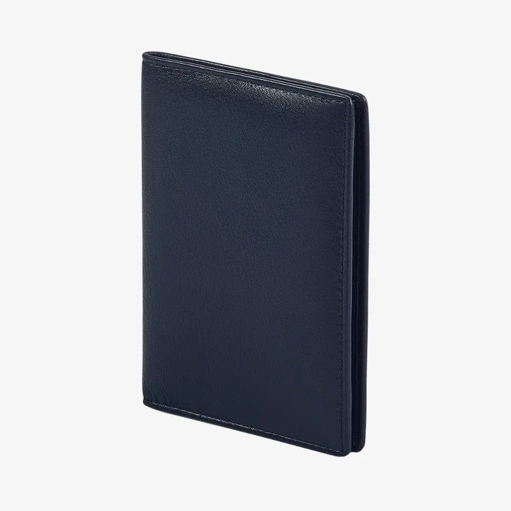 A navy blue leather passport cover standing upright at a slight angle, shown on a clean white background.