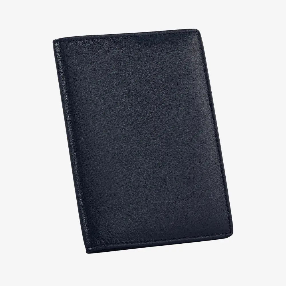 A navy blue leather passport cover with a pebbled texture, shown at an angle on a plain white background.