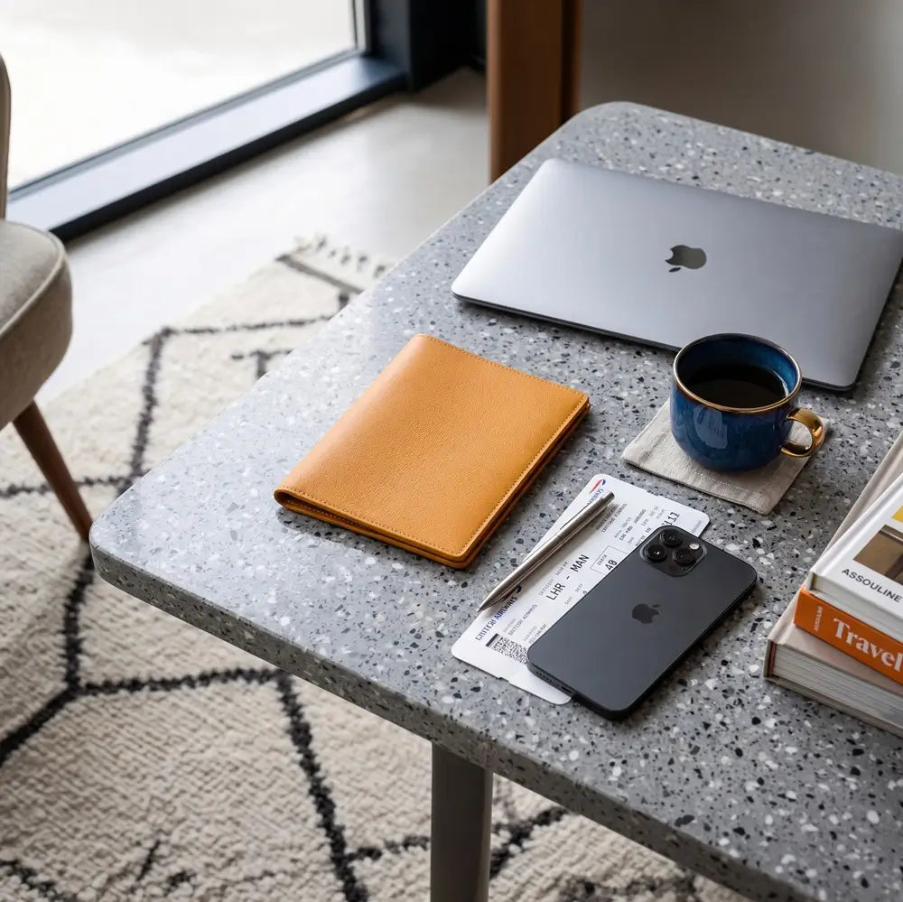 A Yellow leather passport holder lies on a speckled gray table in a real indoor setting, alongside a closed silver laptop, a blue coffee mug, a smartphone, papers, and books. No person is visible, but the real environment makes this Lifestyle rather than Product/Packaging.
