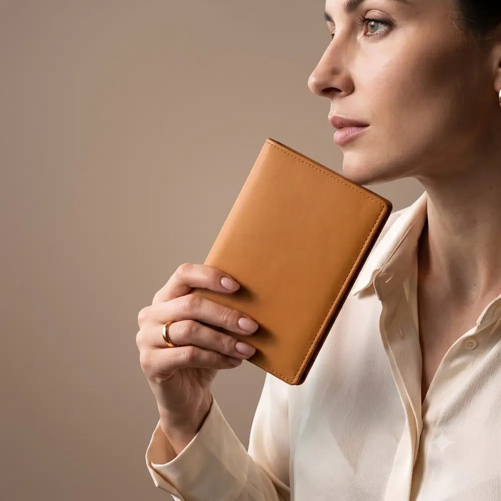 A woman in a cream-colored blouse holds a yellow leather passport cover  against a plain beige background.