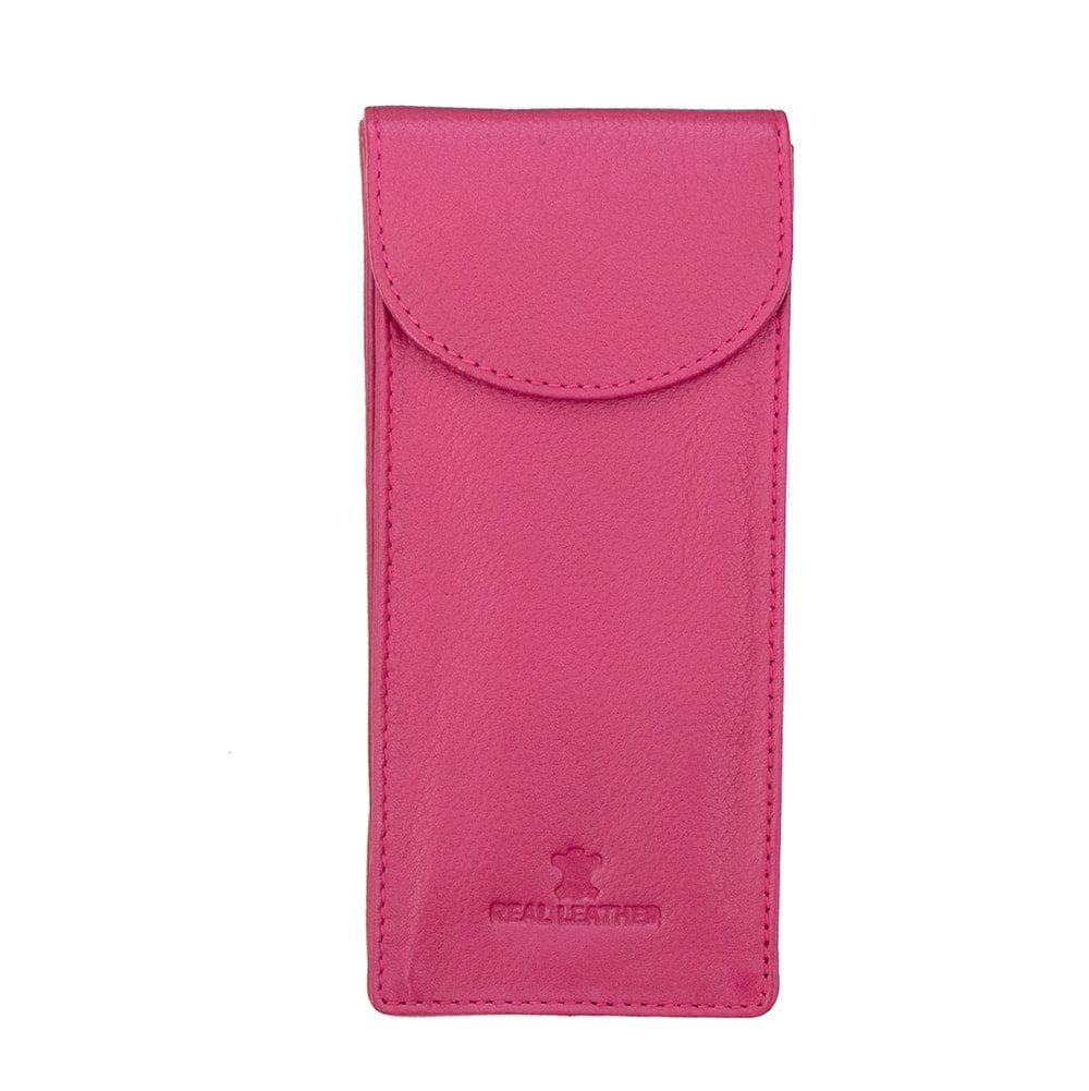 Fuchsia Leather double glasses case with magnetic closure holding two pairs of glasses