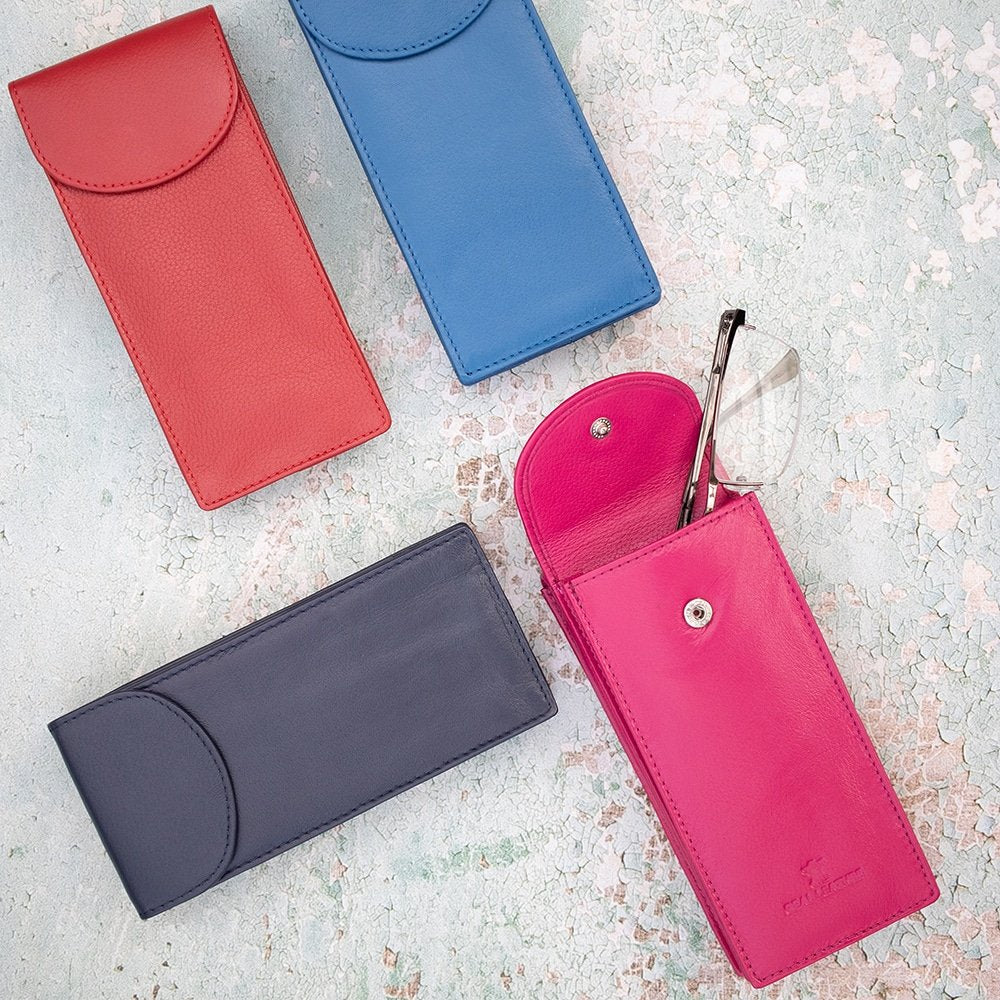Double leather glasses case in Black,  Fuchsia,Red, Blue genuine leather 