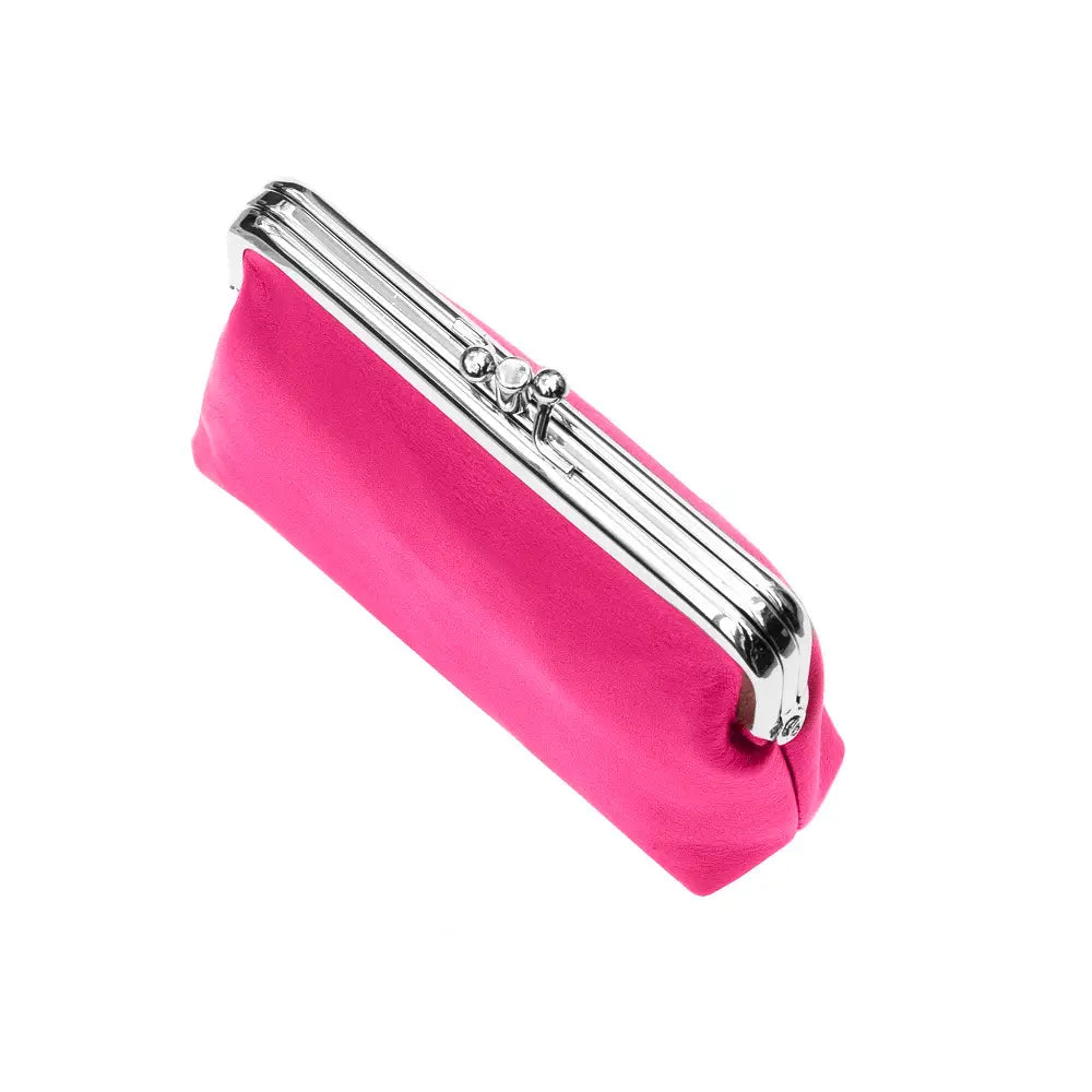 Berry clutch bag with a silver clasp on a white background
