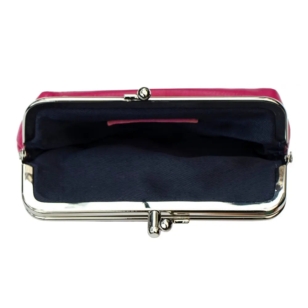 Berry and silver clutch purse with a black interior on a white background