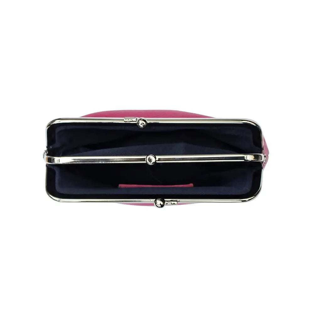 Berry handbag with a silver clasp on a white background