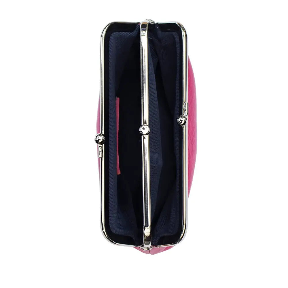 Berry clutch bag with a silver frame on a white background