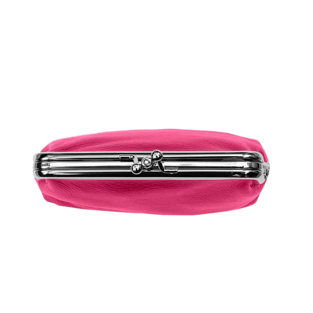 Berry clutch bag with a silver clasp on a white background