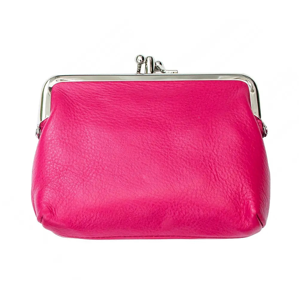 Berry leather clutch bag with a silver clasp on a white background