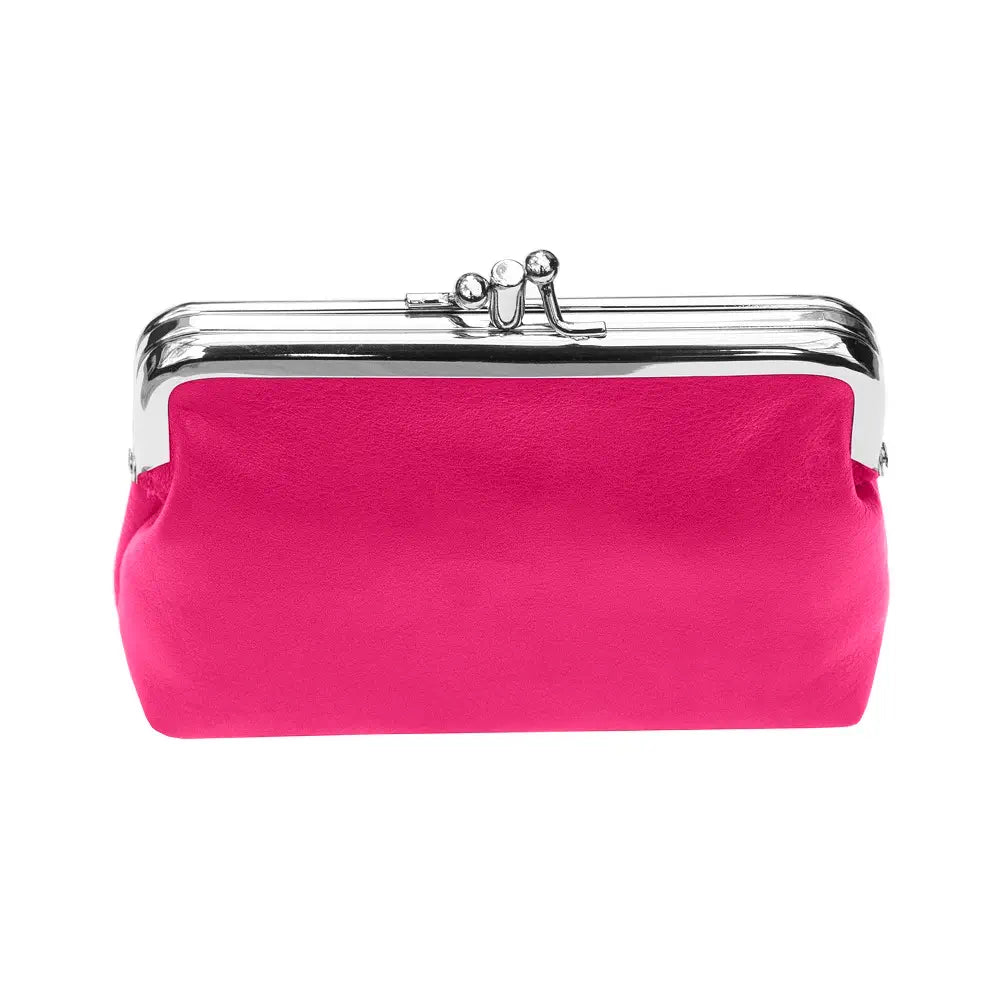 Berry clutch bag with a silver clasp on a white background