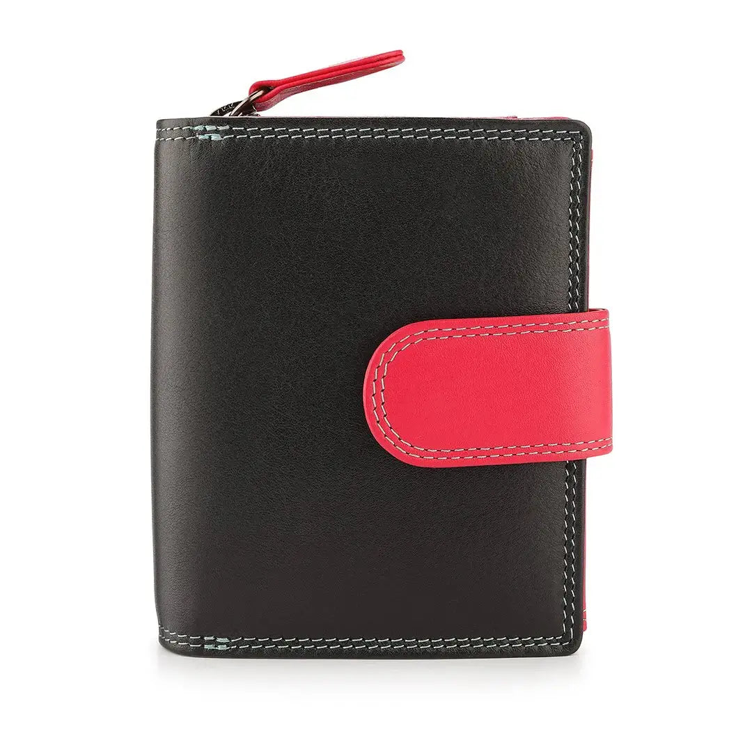Black wallet with red accents on a white background