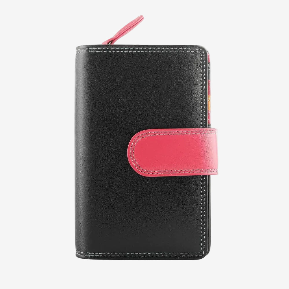 Front view of Black wallet with an pink strap against a white background